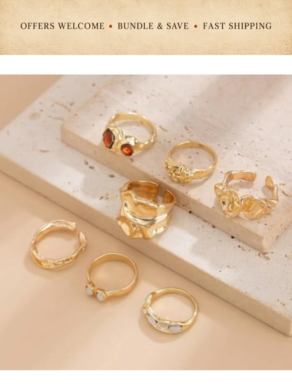 7pc Gold Plated Brass Adjustable Stackable Rings Set - Picture 4 of 5